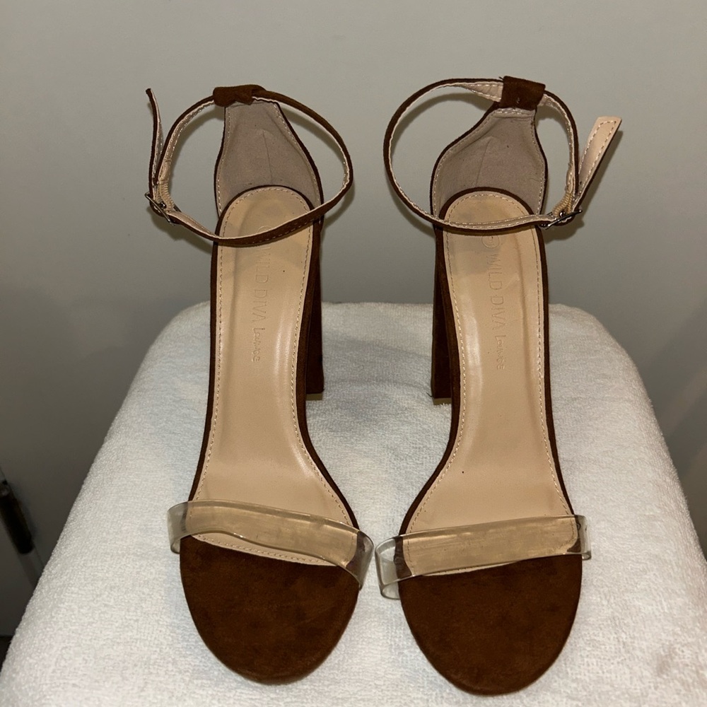 Suede Ankle-Strap Block Heel Sandals in Brown
